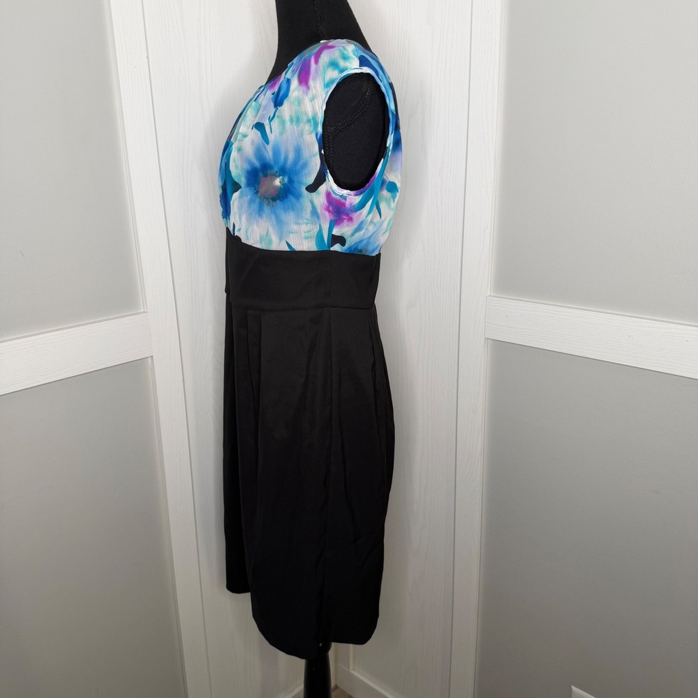 AGB Dress Women Size 12 Black Blue Floral Watercolor Cap Sleeve Empire Waist - Picture 4 of 8